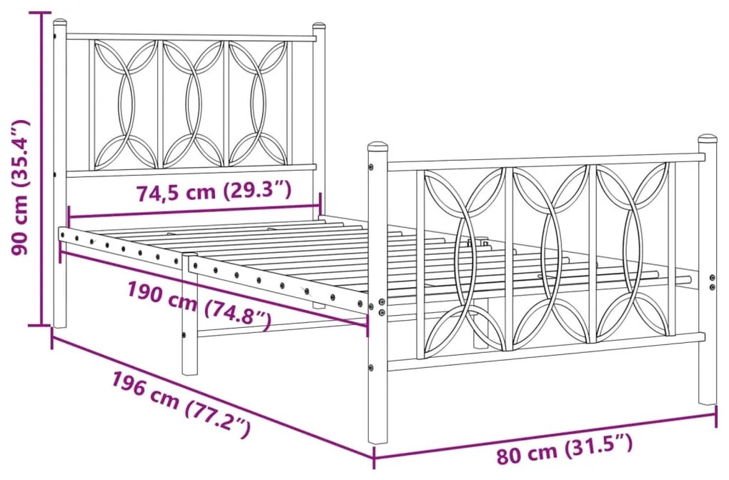 Estrutura de cama com cabeceira e pés 75x190 cm metal branco