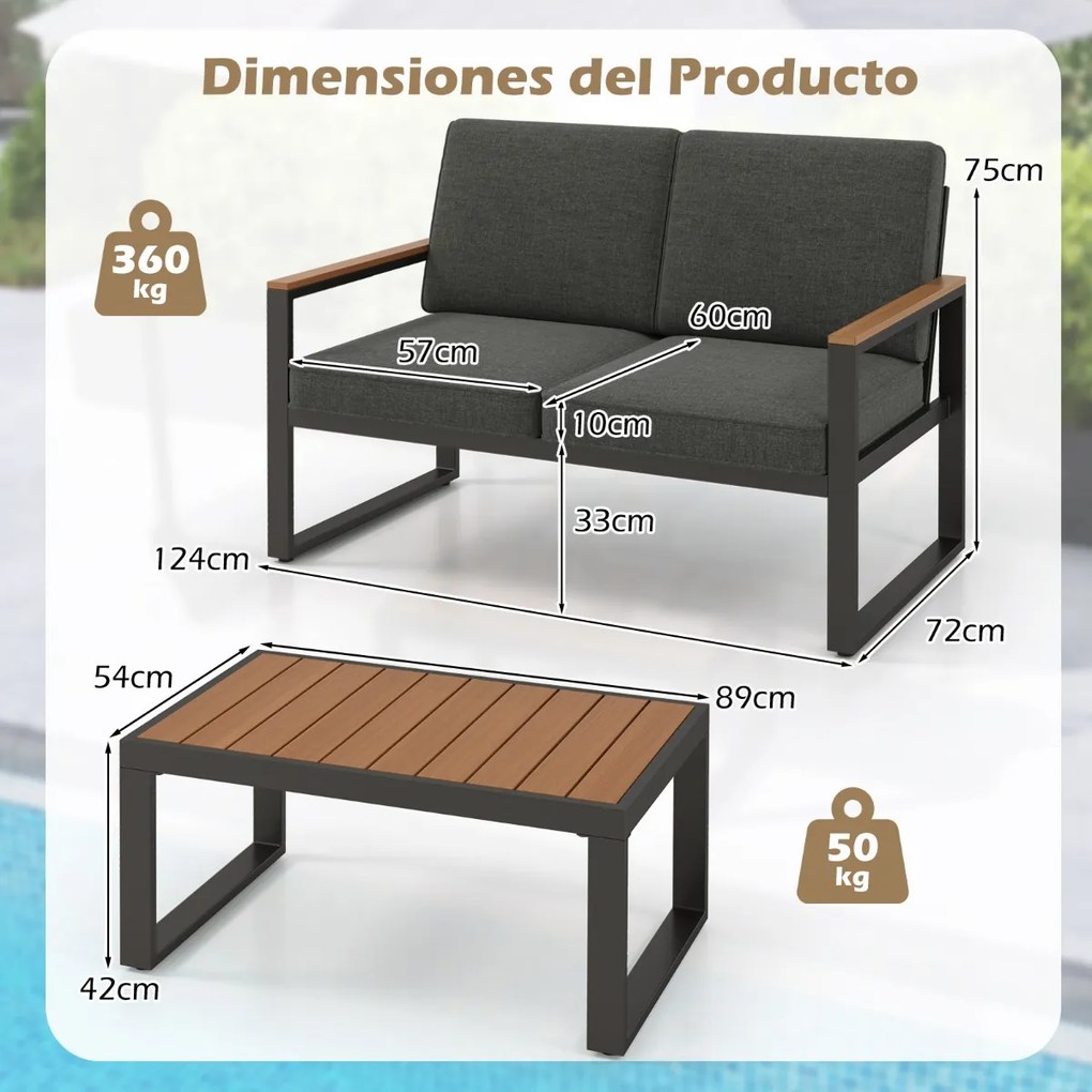 Conjunto de móveis de jardim em alumínio com Sofá seccional estofado cinzento e com mesa de centro almofadas cinzentas