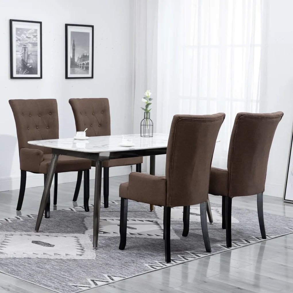 Cadeiras de jantar com apoio de braços 4 pcs tecido castanho