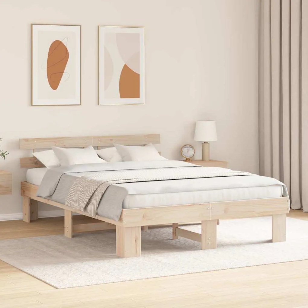 Estrado de Cama com Cabeceira 140x200 cm Madeira Maciça de Pinho