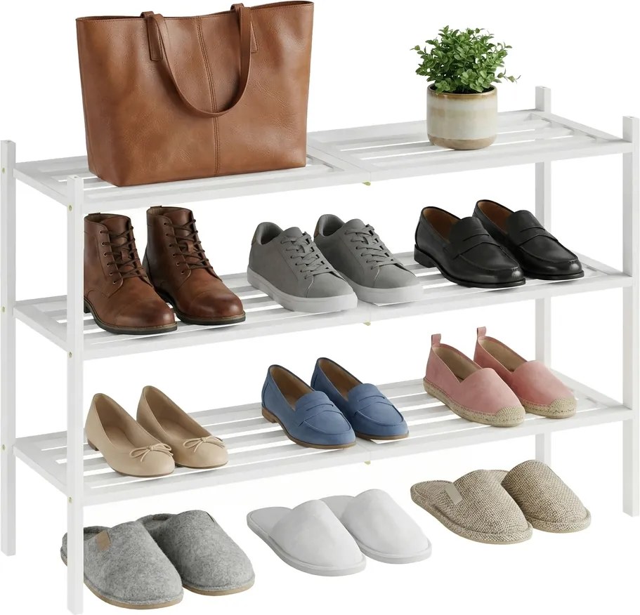 Sapateira para sapatos em bambu 25 x 70 x 51,5 cm, estante empilhável com 3 níveis Branco
