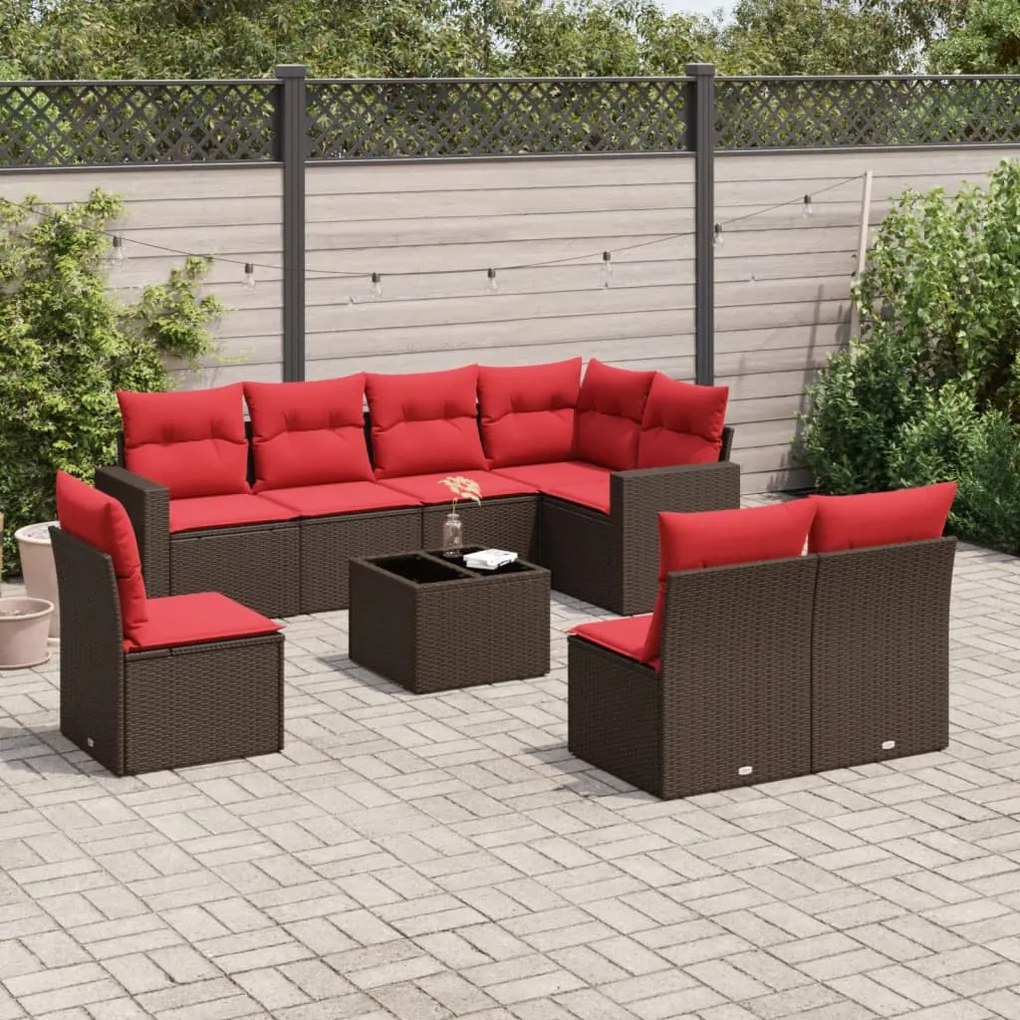 vidaXL 9 pcs conjunto sofás p/ jardim c/ almofadões vime PE castanho