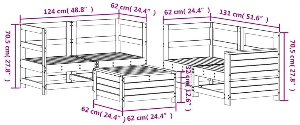 5 pcs conjunto de sofás para jardim madeira de pinho maciça