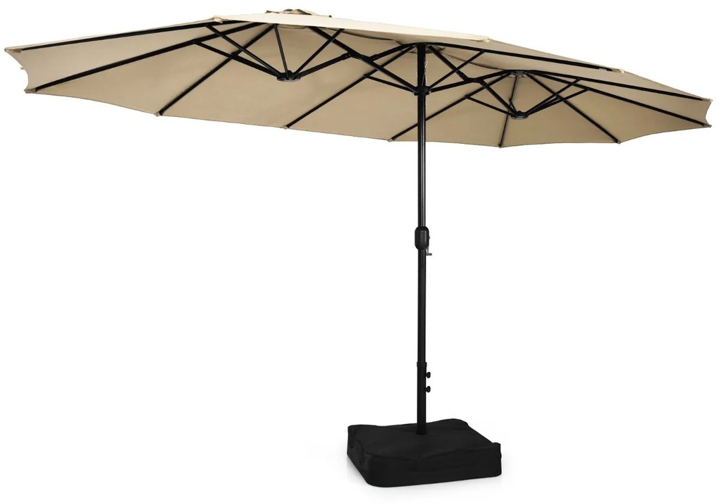 Guarda-sol duplo de 451,5 cm com base Sistema de manivela Estrutura metálica com 12 varas Ventilação para jardim Bege