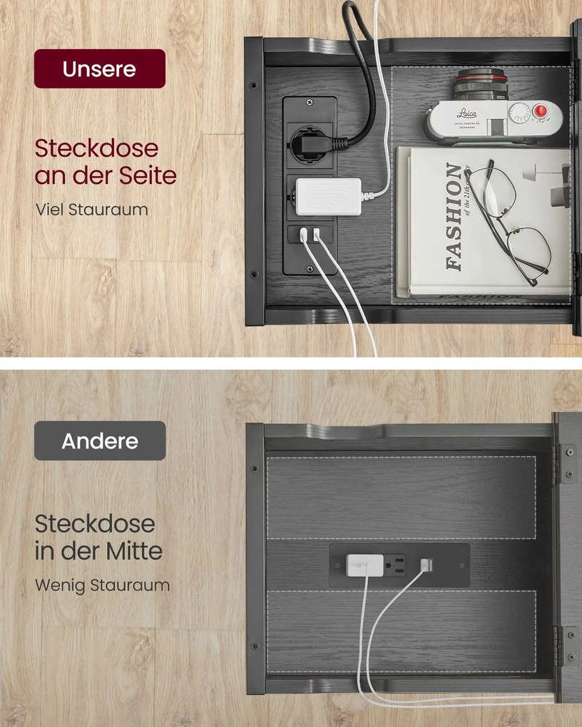 Mesa de apoio com tomada eléctrica e portas USB 60 x 31,5 x 60 cm preta