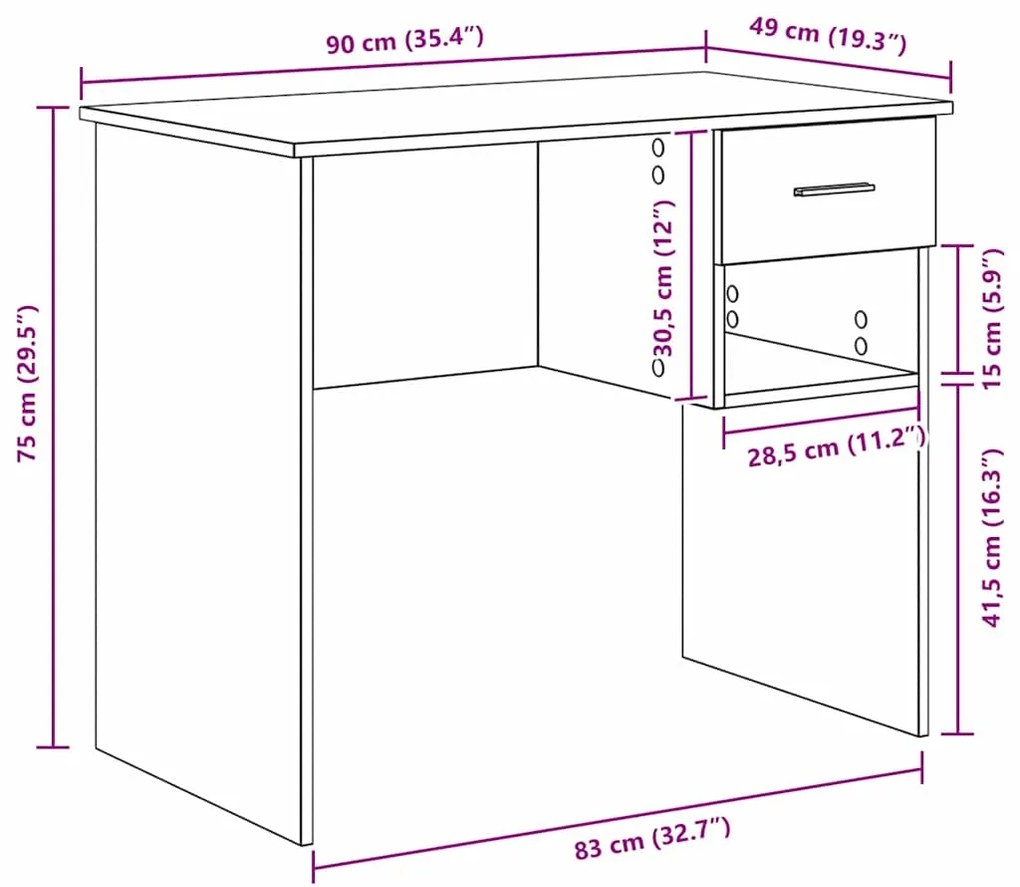 Mesa com armazenamento cinza concreto 90x49.5x75 cm madeira engenheira