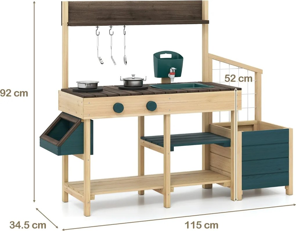 Cozinha Brincar para crianças ao ar livre para crianças de madeira com jardineira Pia removível Torneira Tachos Depósito de água verde