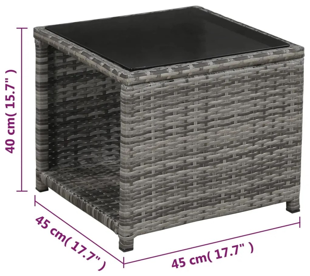 3 pcs conjunto bistrô com almofadões vime PE cinzento