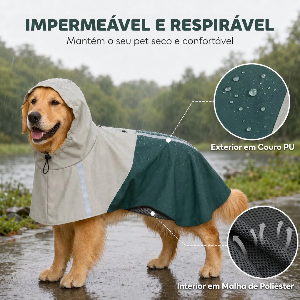 Impermeável para Cães com Capuz Verde L com Bandas Refletoras e Abertura para Trela Cães Grandes 20–30 kg Verde