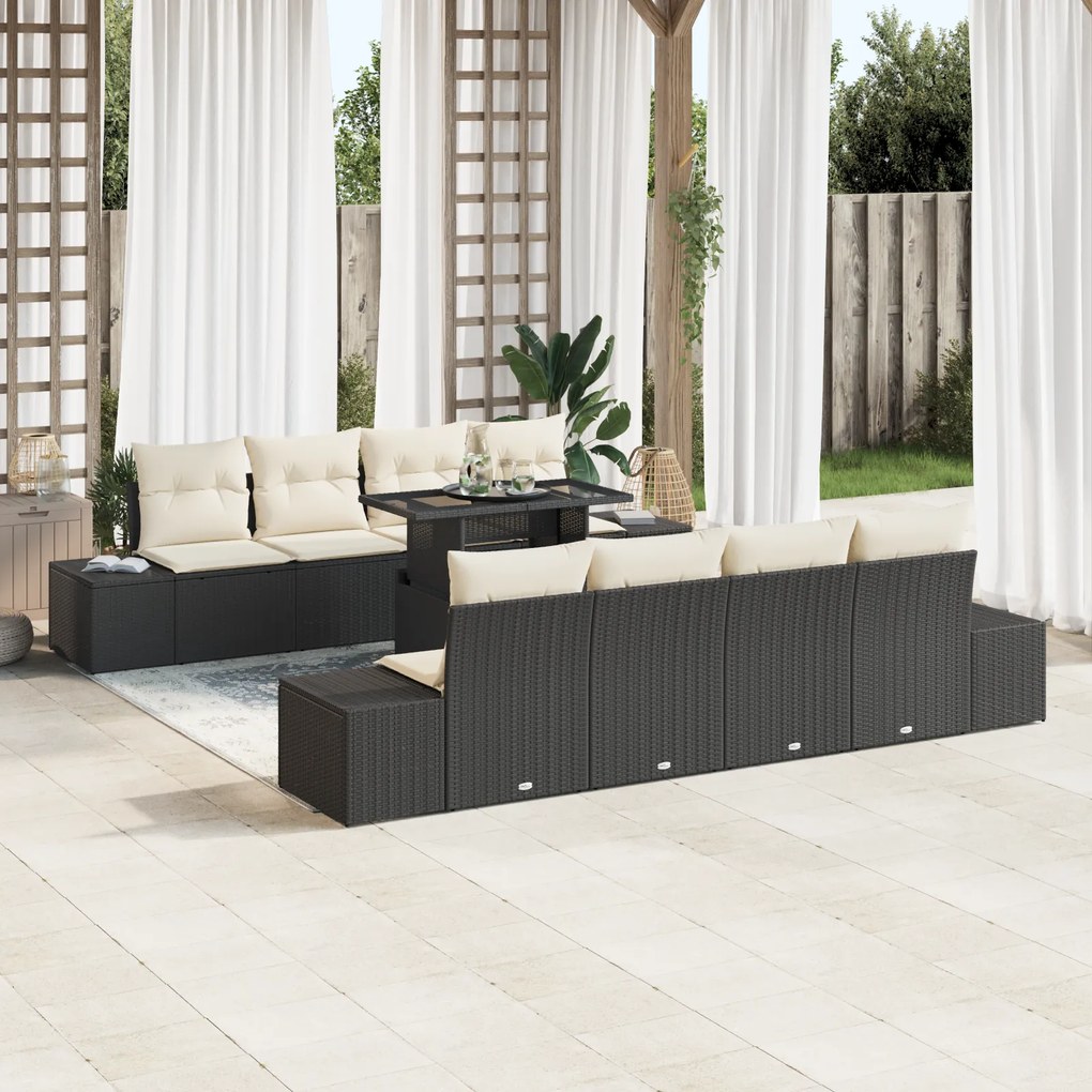 Conjunto de Sofá de Jardim 7 Peças com Almofadas Preto Rattan