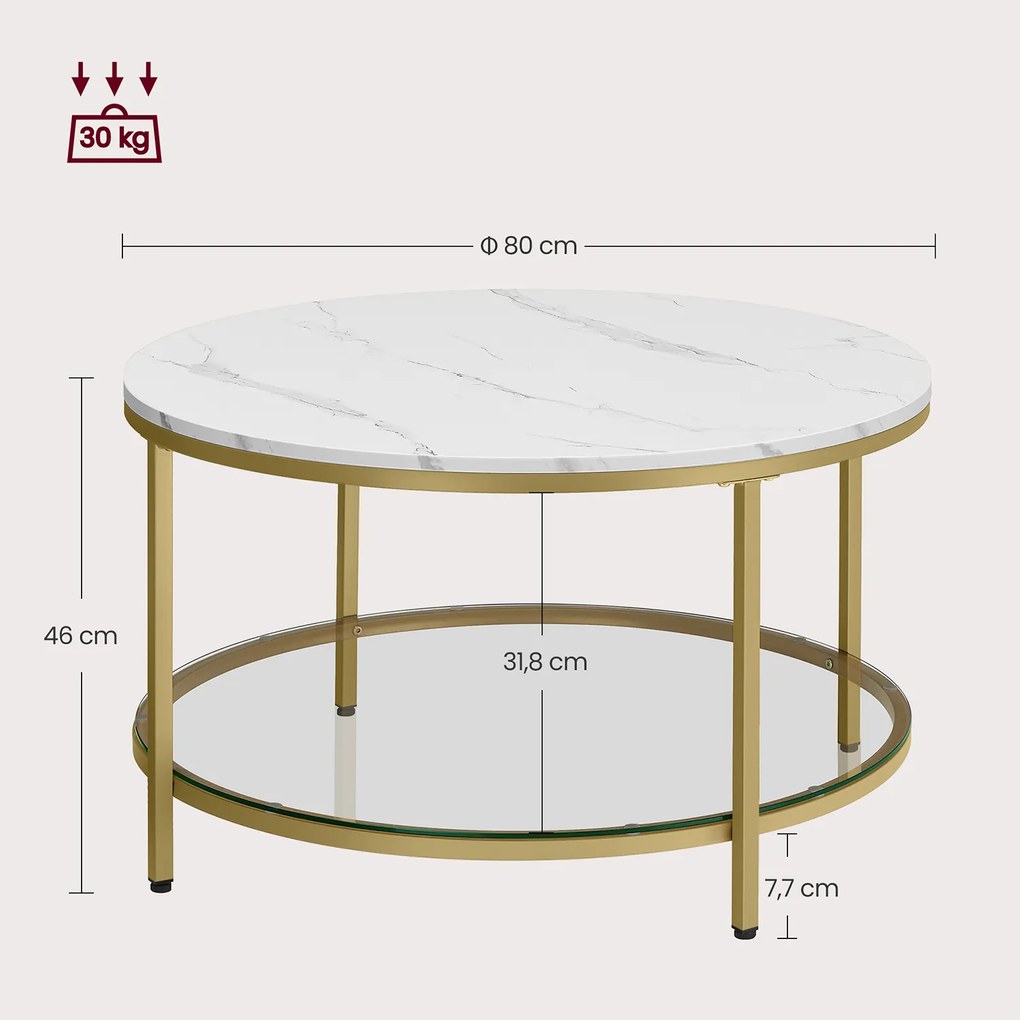 Mesa de centro com tampo de vidro moderna 80 x 46 cm (Ø x H) imitação mármore Branco + dourado claro