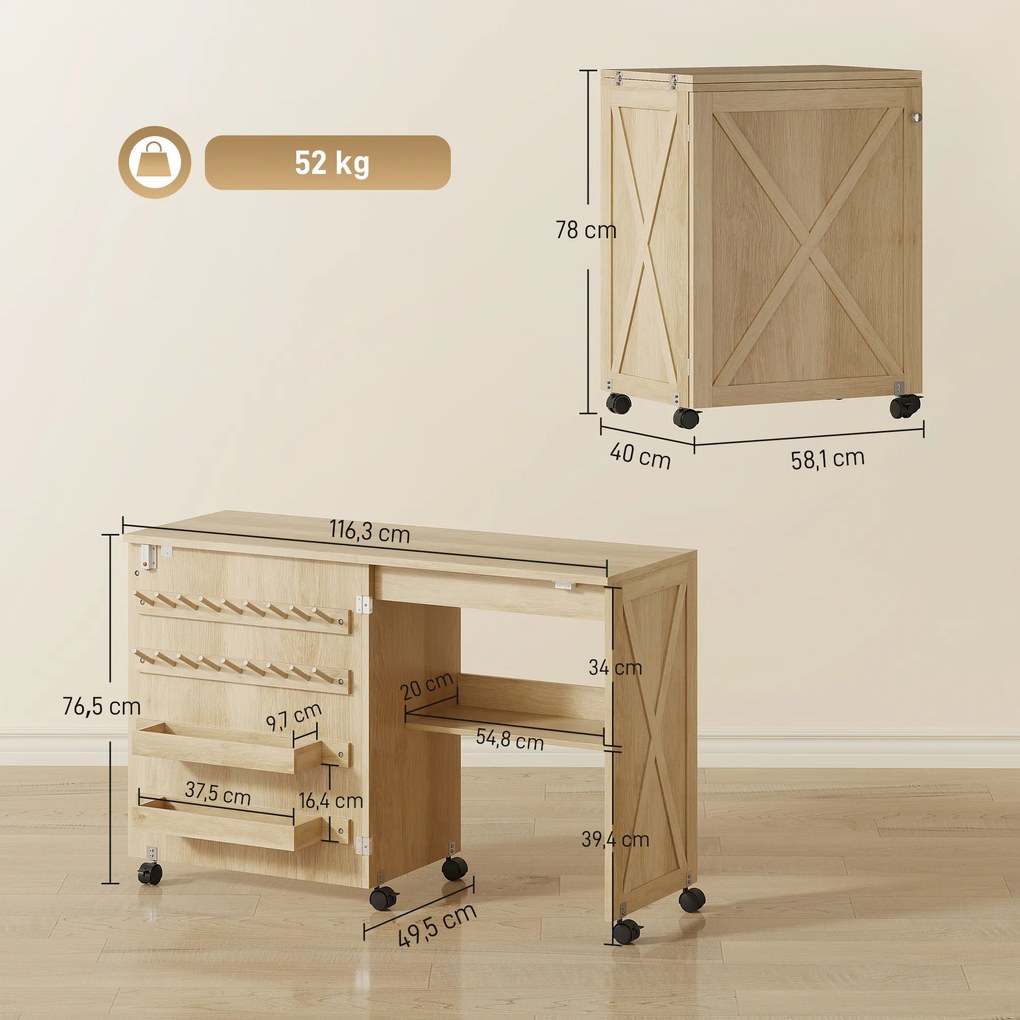 Mesa Dobrável para Máquina de Costura com Porta Magnética, 2 Compartimentos, Prateleira, 18 Suportes para Linhas e 5 Rodas, Madeira Natural