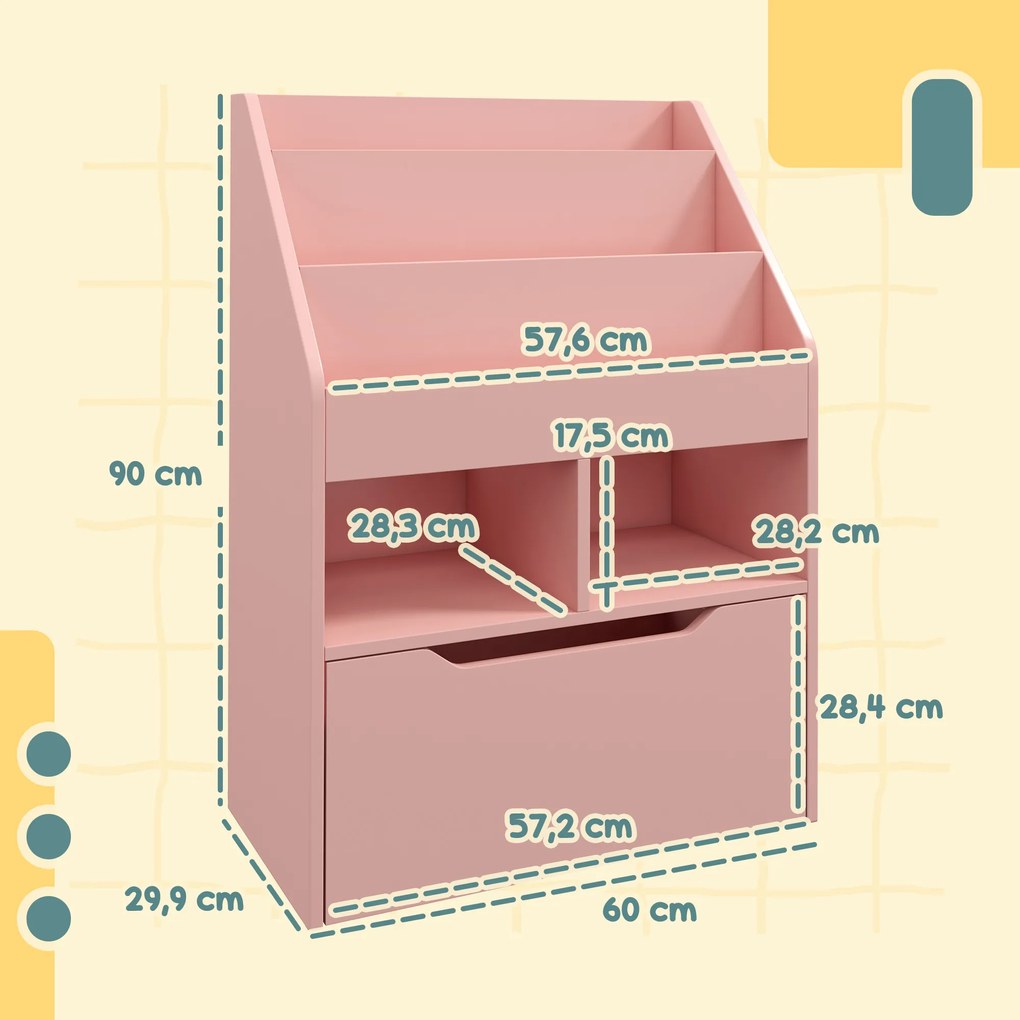 Estante de Madeira para Brinquedos com 3 Compartimentos 2 Prateleiras e Gaveta Móvel com 4 Rodas 60x29,9x90 cm Rosa