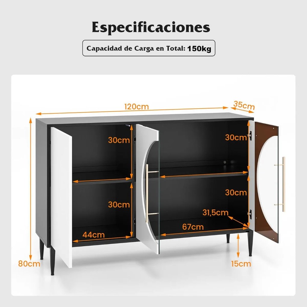 Aparador Guarda com Portas de Vidro e Estantes Ajustáveis – 120x35x80