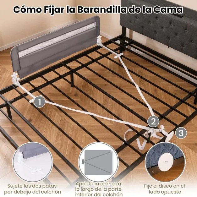 Barreira de Cama para Crianças Dobrável de 120 cm com Capa Removível e Lavável e Correia de Segurança Cinzento