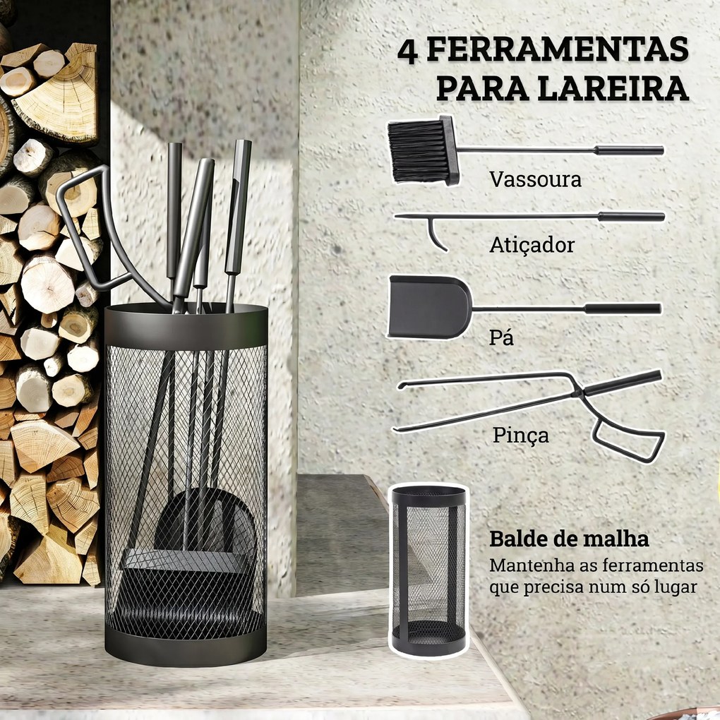 Conjunto para Lareira de 5 Peças em Metal com Escova, Pá, Tenaz, Atiçador e Suporte Ø16 x 33,5 cm Preto