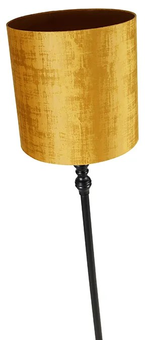 Candeeiro de pé preto com abajur em tecido dourado 40 cm - Classico Clássico / Antigo