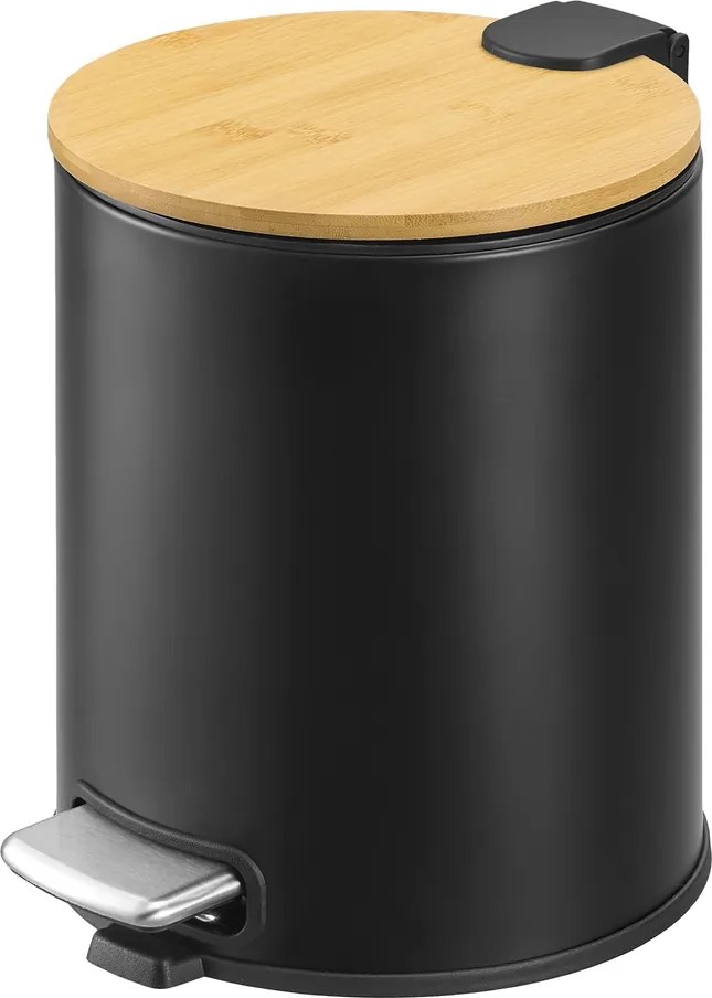 Caixote do lixo para casa de banho de 6 litros, com tampa de bambu, com pedal Preto