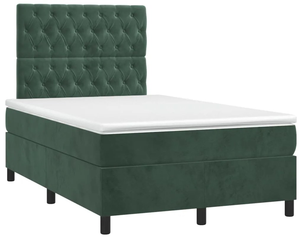 Cama box spring c/ colchão/LED 120x200 cm veludo verde-escuro