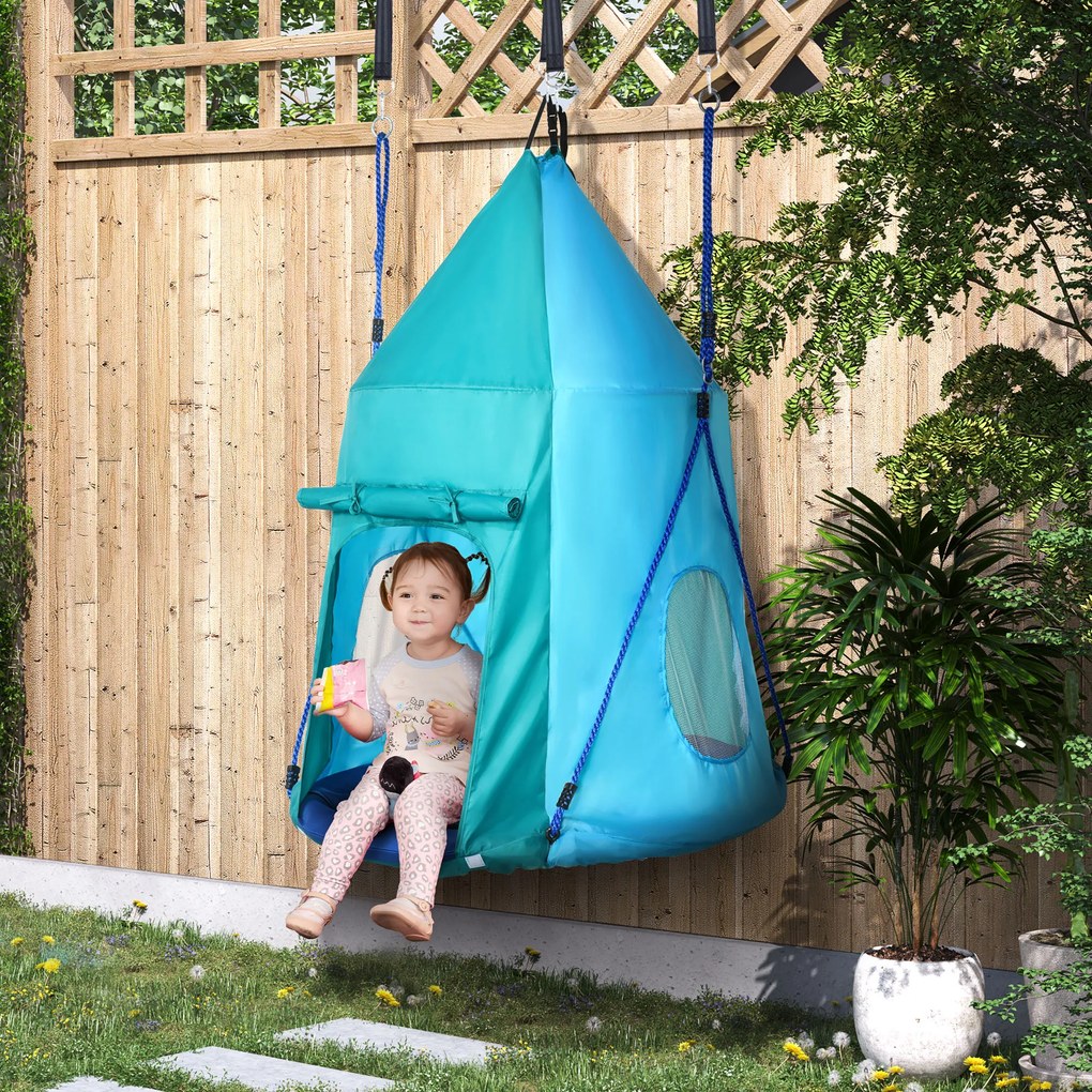Baloiço em forma de ninho de pássaro com tenda amovível, Ø 100 cm, carga máxima de 150 kg, corda ajustável em altura de 120 a 180 cm, azul