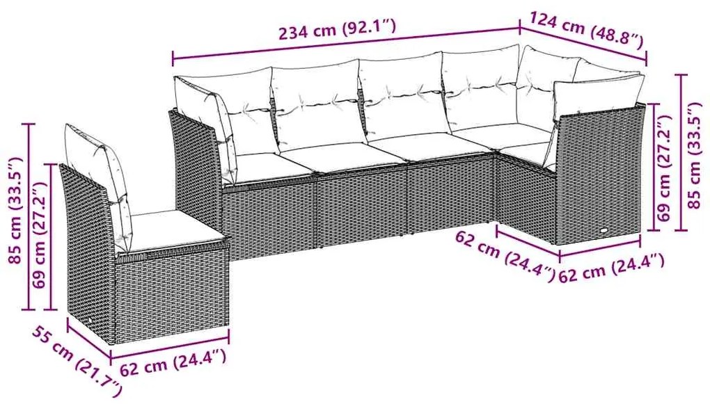 6 pcs conj. sofás jardim com almofadões vime PE cinzento-claro