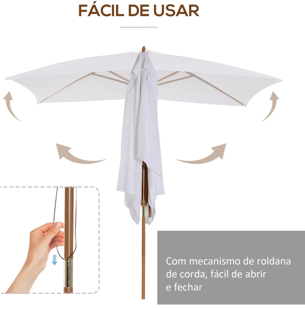 Chapéu de Sol de Jardim com Sistema de Poleia Teto Ventilado e Mastro de Madeira para Exterior 2,95x2x2,55m Branco