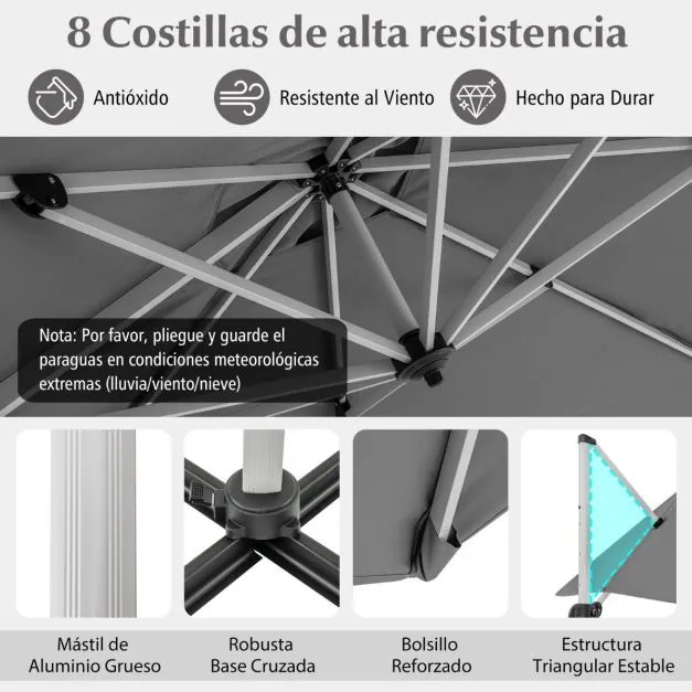 Guarda-sol quadrado de alumínio de 3 m com rotação de 360° e inclinação ajustável, resistente ao vento, para jardim, piscina, terraço Cinzento