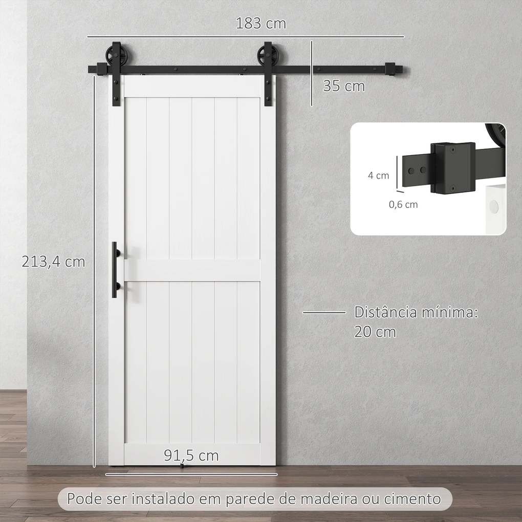 Porta de Correr Celeiro com Ferragens Porta Corredera de Interior com Puxador Rolo e Guia de Chão 91,5x213,4 cm Branco