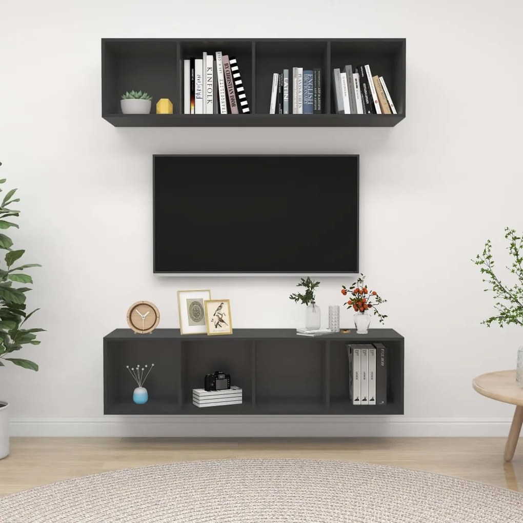 vidaXL Armários de parede para TV 2 pcs derivados de madeira cinzento