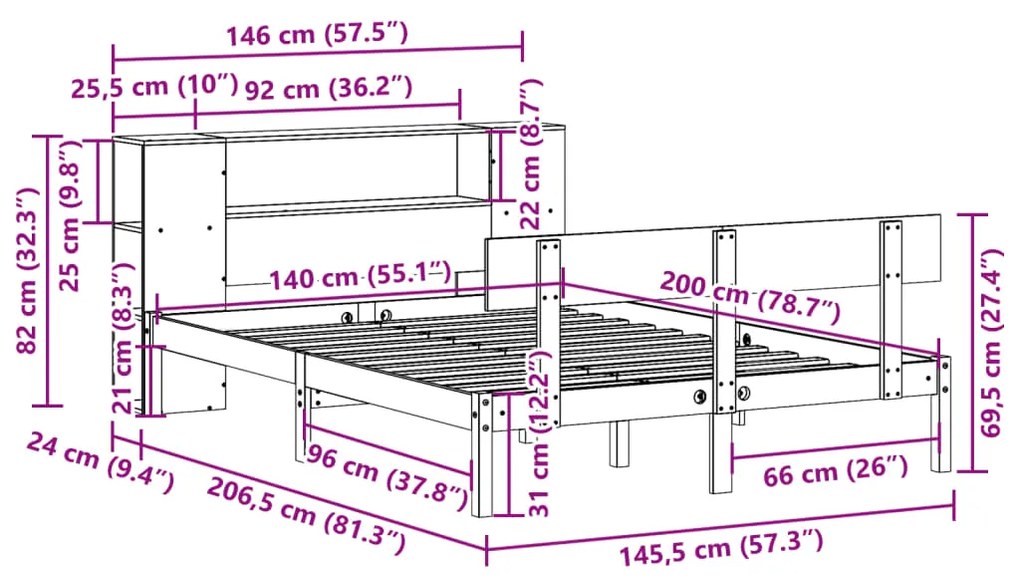 Cama com estante sem colchão 140x200 cm pinho maciço branco