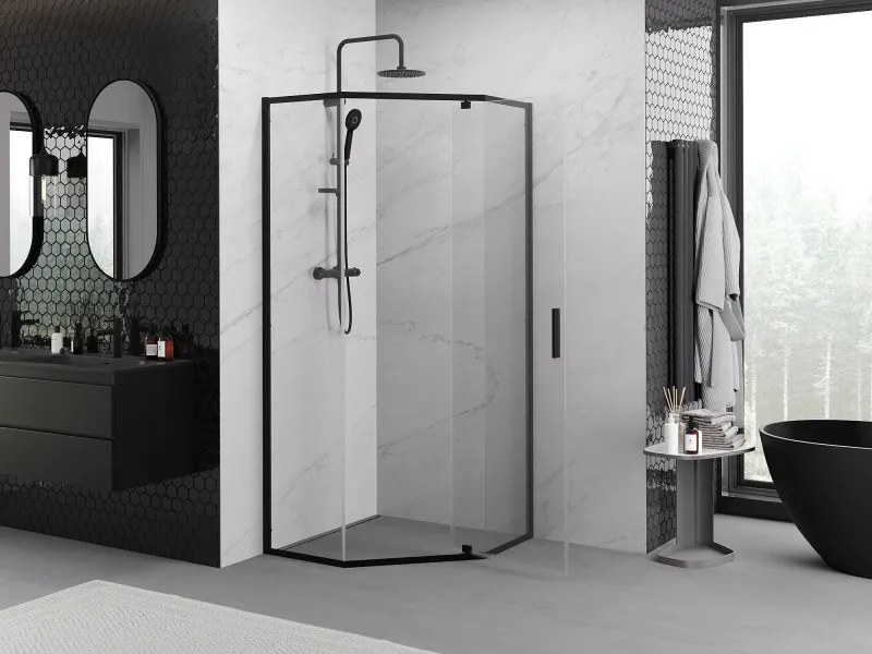 Mexen Exo-R cabine de duche pentagonal de abrir 90 x 90 cm, transparente, preta - 812-090-090-70-00
