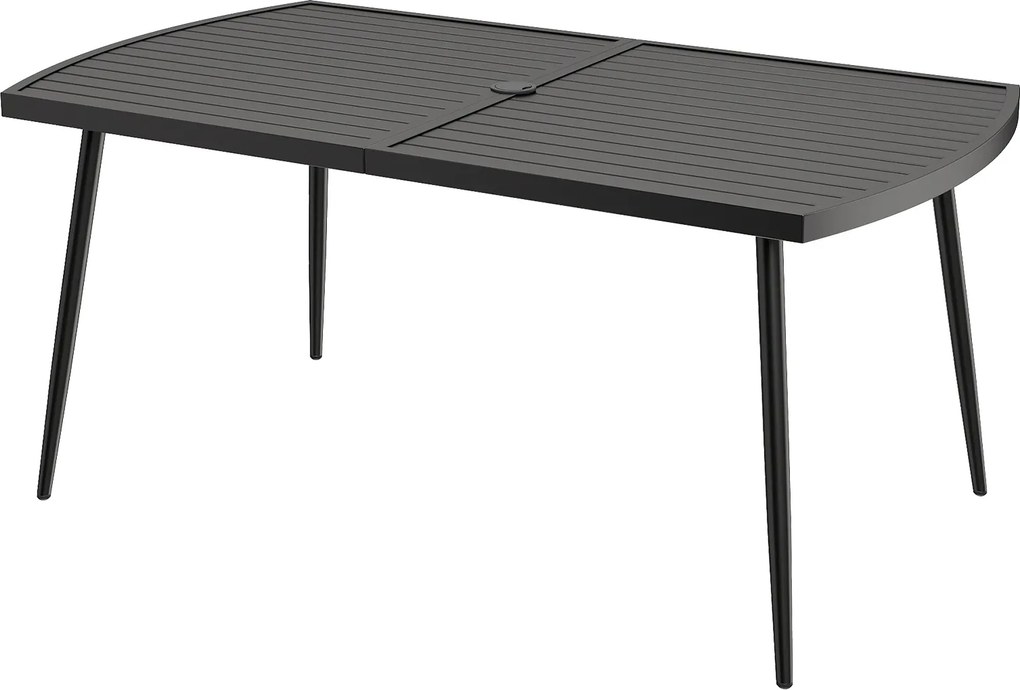 Mesa de jantar jardim retangular (CADEIRAS NÃO INCLUIDAS) 160 x 90 cm com orifício para guarda-sol de 4 cm, tampo com ripas metálicas, para pátio ou j