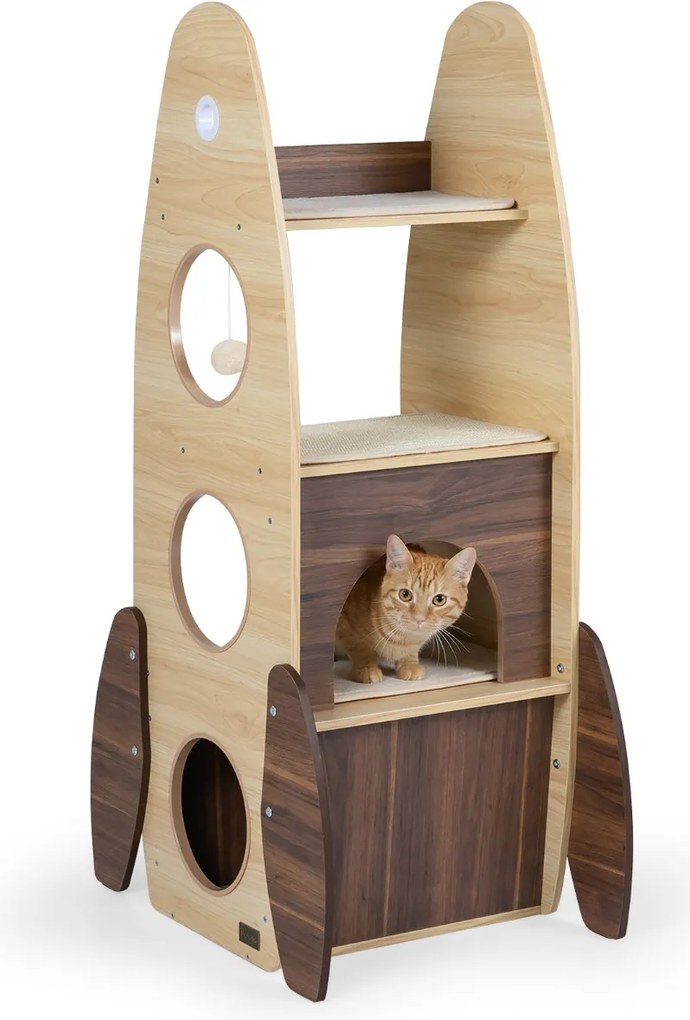 Torre para gatos 42,5 x 40 x 120 cm com casinha de madeira e arranhador em sisal, plataforma almofadada e bola suspensa natural