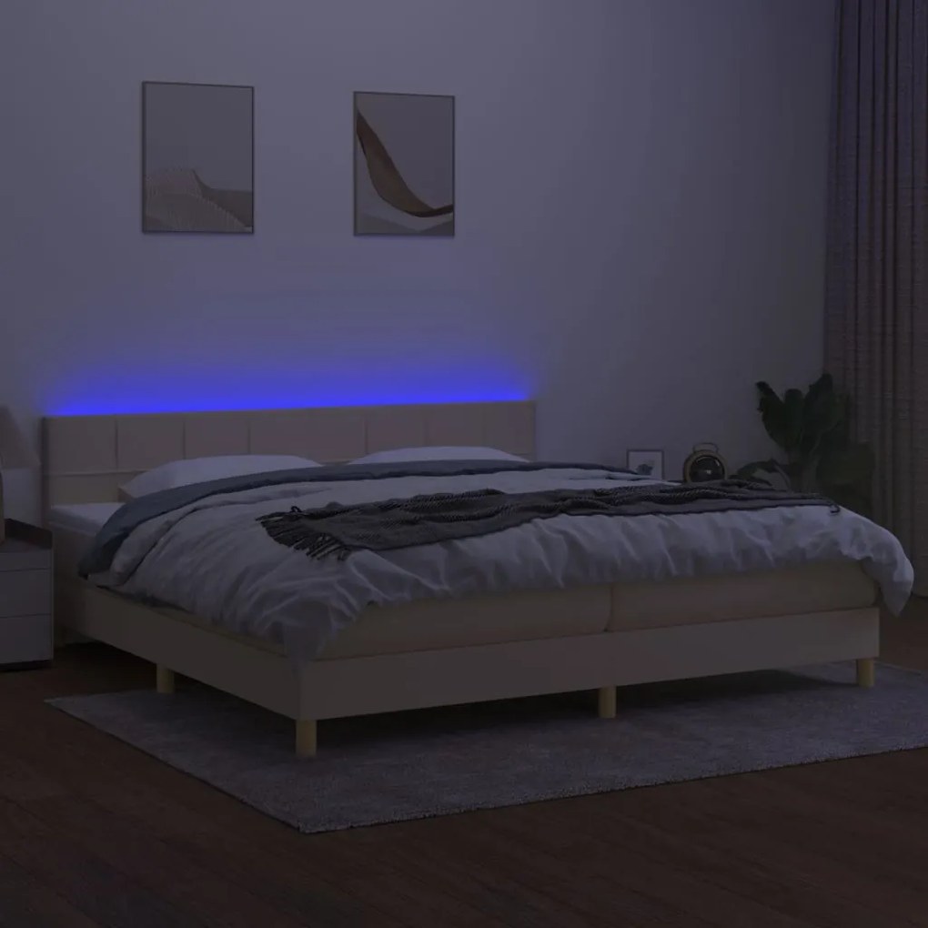 Cama box spring c/ colchão e LED 200x200 cm tecido cor creme