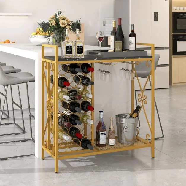Garrafeira para Vinho 21 Garrafas com Suporte para Copos e Bancada em Madeira 93 x 38 x 102 cm Preto e Dourado
