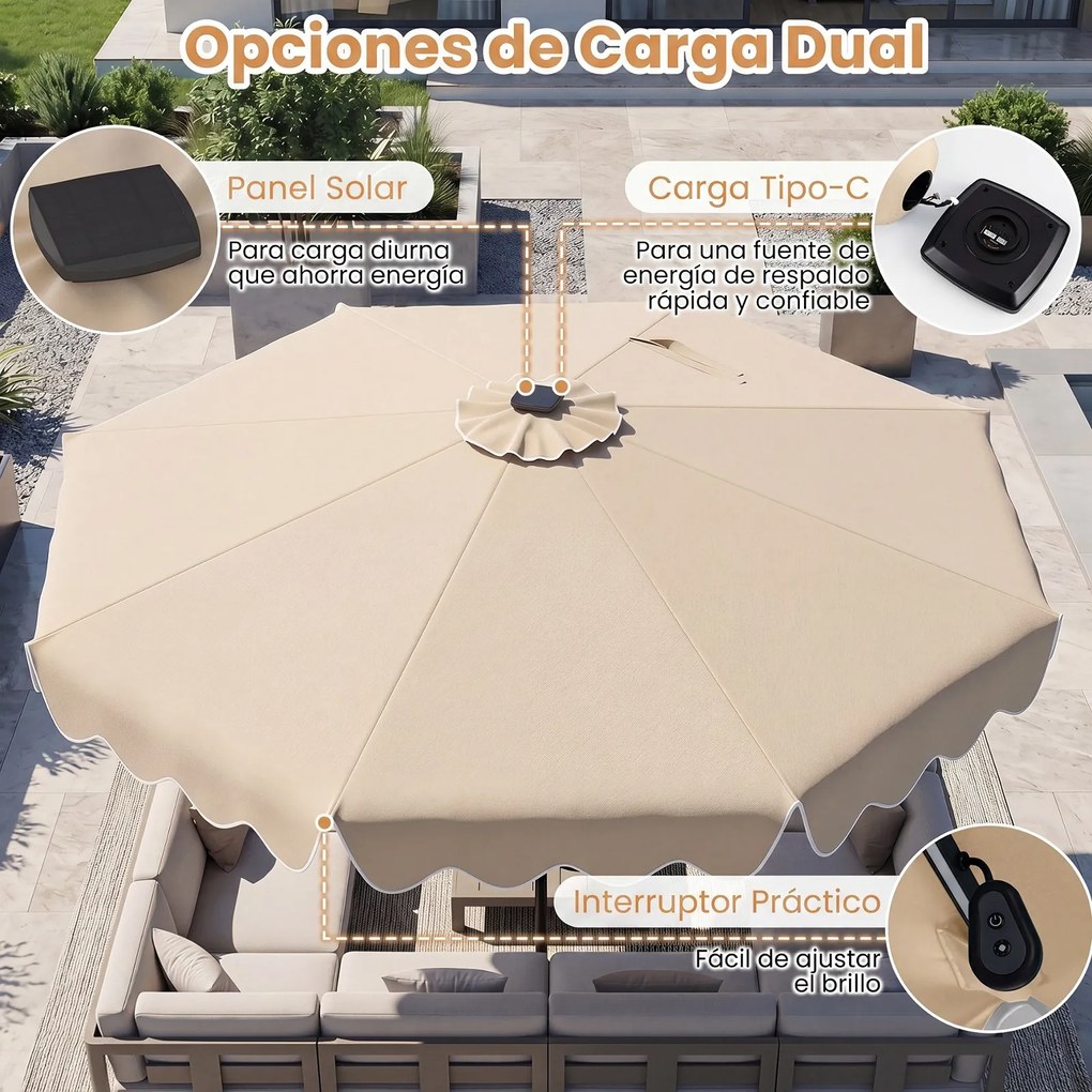 Guarda sol de Jardim, 280 x 280 x 250 cm (BASE NÃO INCLUIDA), Iluminação LED Integrada, Bege