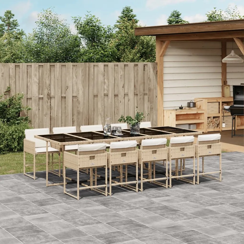 vidaXL 11 pcs conjunto de jantar p/ jardim com almofadões vime PE bege