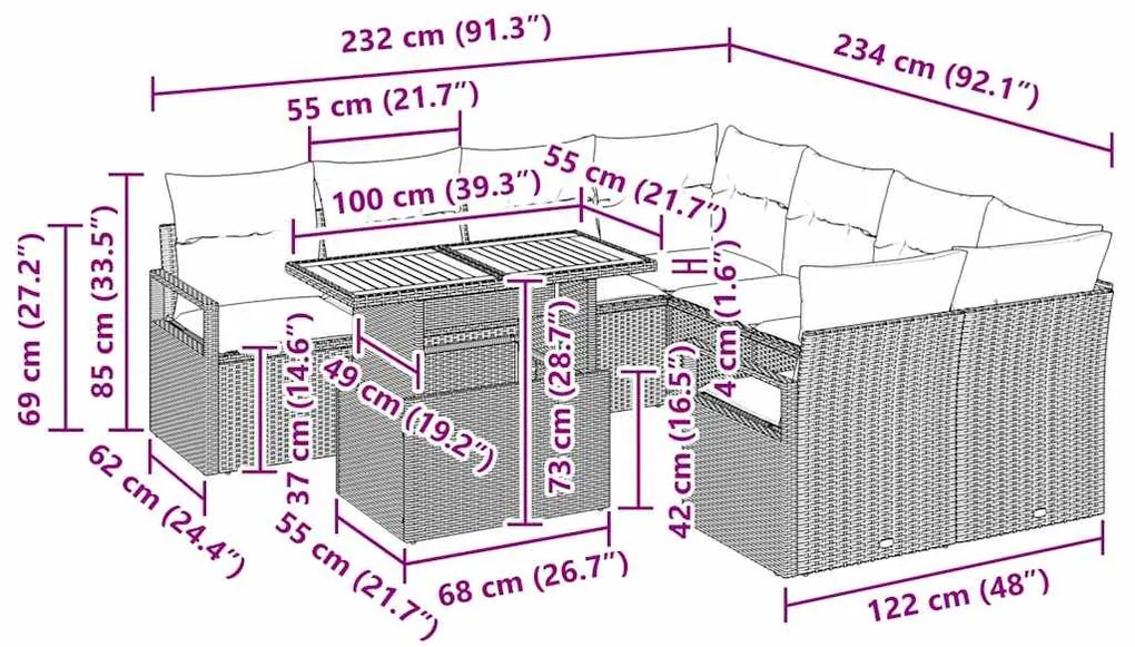 Conjunto de Sofá de Jardim 9 pcs Bege e Creme Grande
