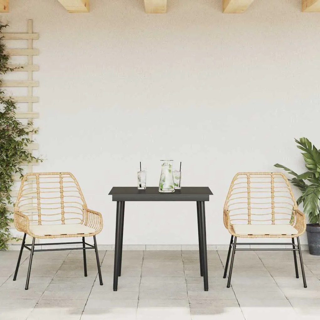 Conjunto jantar jardim 3 peças almofadas vidro vime PE castanho