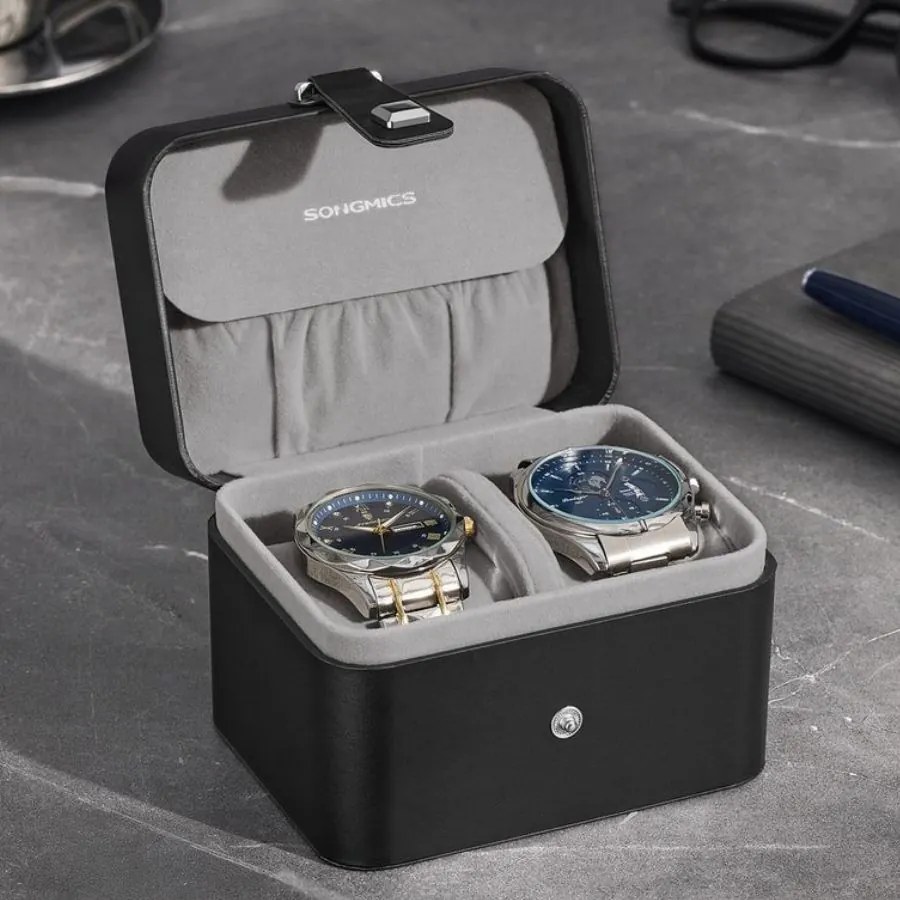 Caixa para relógios 10,1 x 12 x 8,5 cm com dois compartimentos e forro macio preto