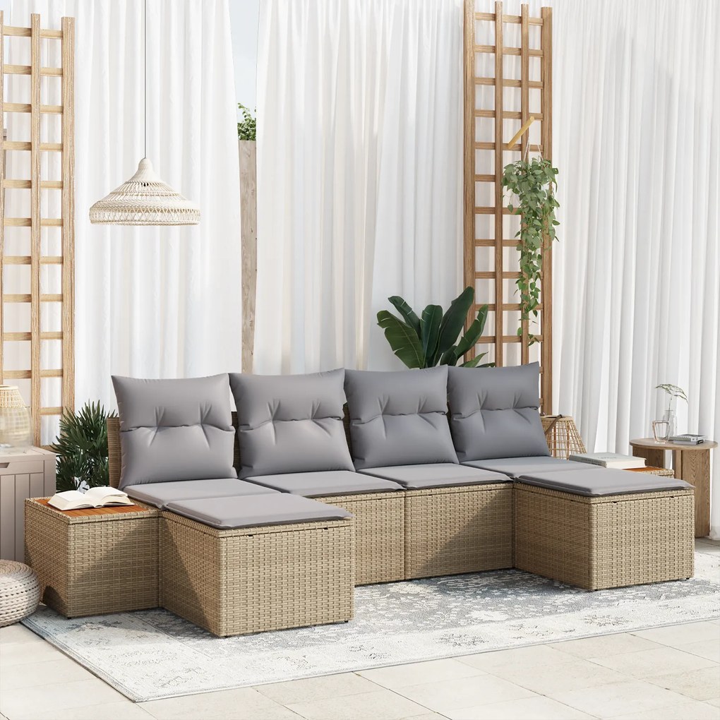 Conjunto de Sofá de Jardim de 6 Peças com Almofadas Bege Polirattan Ac