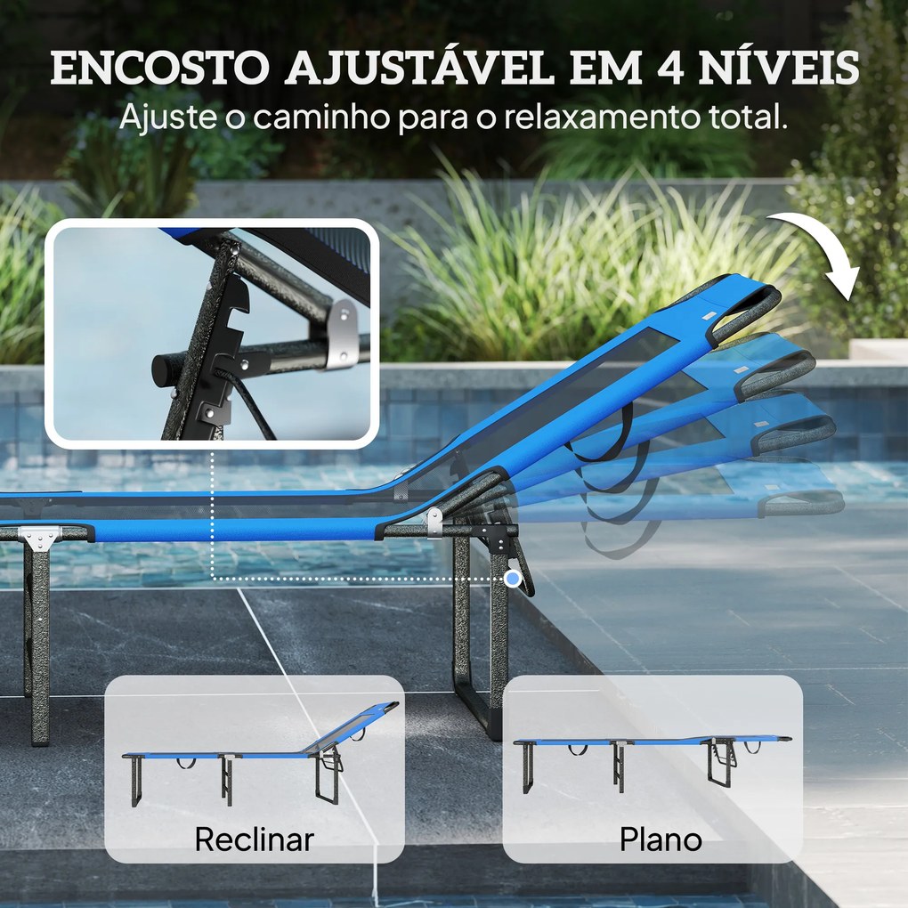 Espreguiçadeira Dobrável com Encosto Ajustável em 4 Posições Alças e Encosto de Textilene Suporta até 120 kg 175x58x68 cm Azul