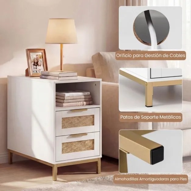 Conjunto de 2 mesas de cabeceira em rattan 60 x 35 x 61 cm com estação de carregamento e 2 gavetas estilo boho com armazenamento aberto branco e doura