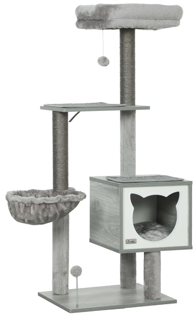 Arranhador para Gatos com Plataforma Rede Caverna Cama Postes de Sisal e Bolas de Brincar 48x40x126 cm Cinza