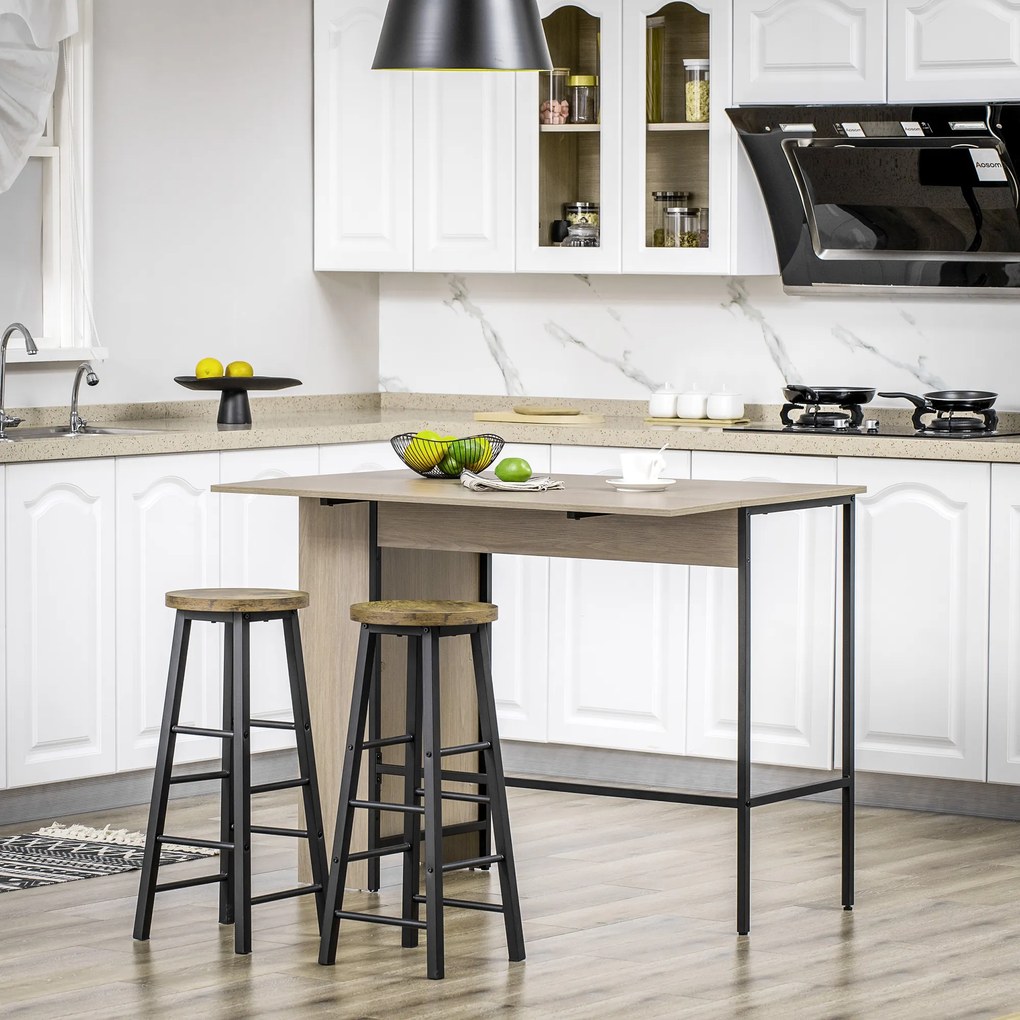 Mesa com ilha central (BANCOS NÃO INCLUIDOS), tampo lateral rebatível e 3 prateleiras, 120 x 76 x 91,4 cm, cinzento claro