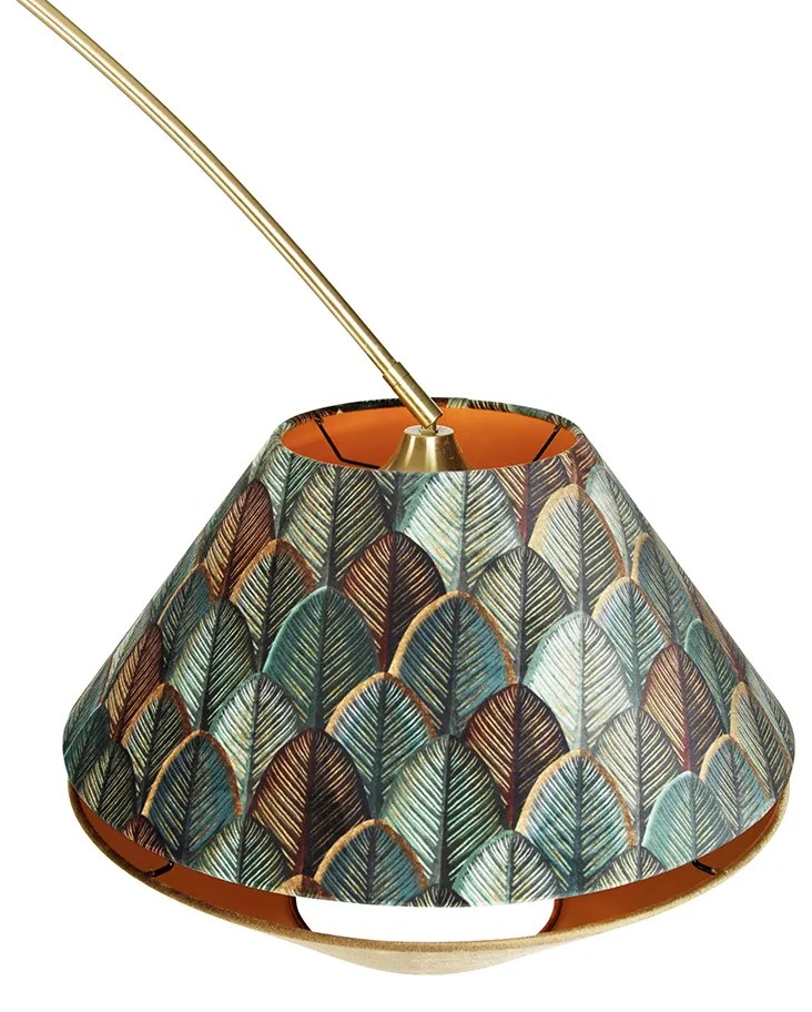 Candeeiro de Arco em Latão com Abajur Duplo de Veludo com Design de Folhas e Bege - XXL