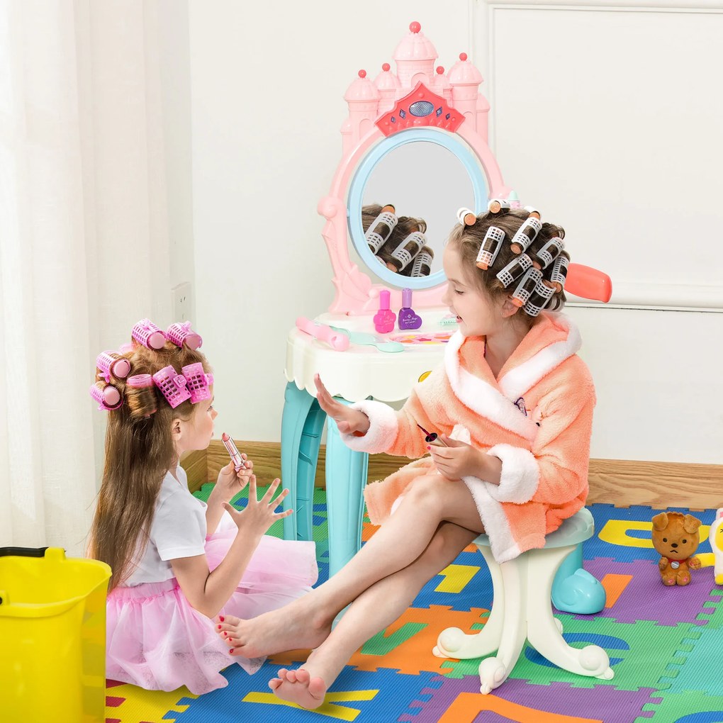 HOMCOM Toucador Infantil com Banco Espelho com Luz Música Secador e 20 Acessórios Toucador de Maquilhagem para Crianças acima de 3 Anos 41x27x82cm Multicolor
