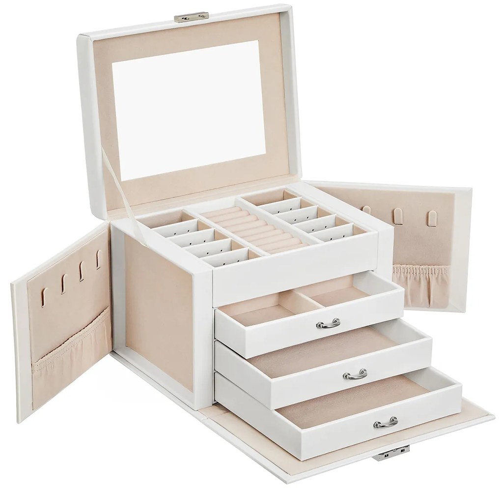 Caixa para joias SONGMICS, organizador de joias com 4 níveis, estojo para joias com fechadura e bandejas, forro de veludo, branco JBC159W01