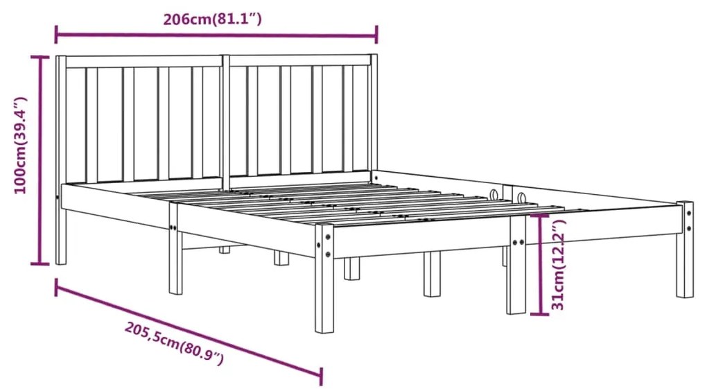 Estrutura de cama 200x200 cm pinho maciço preto