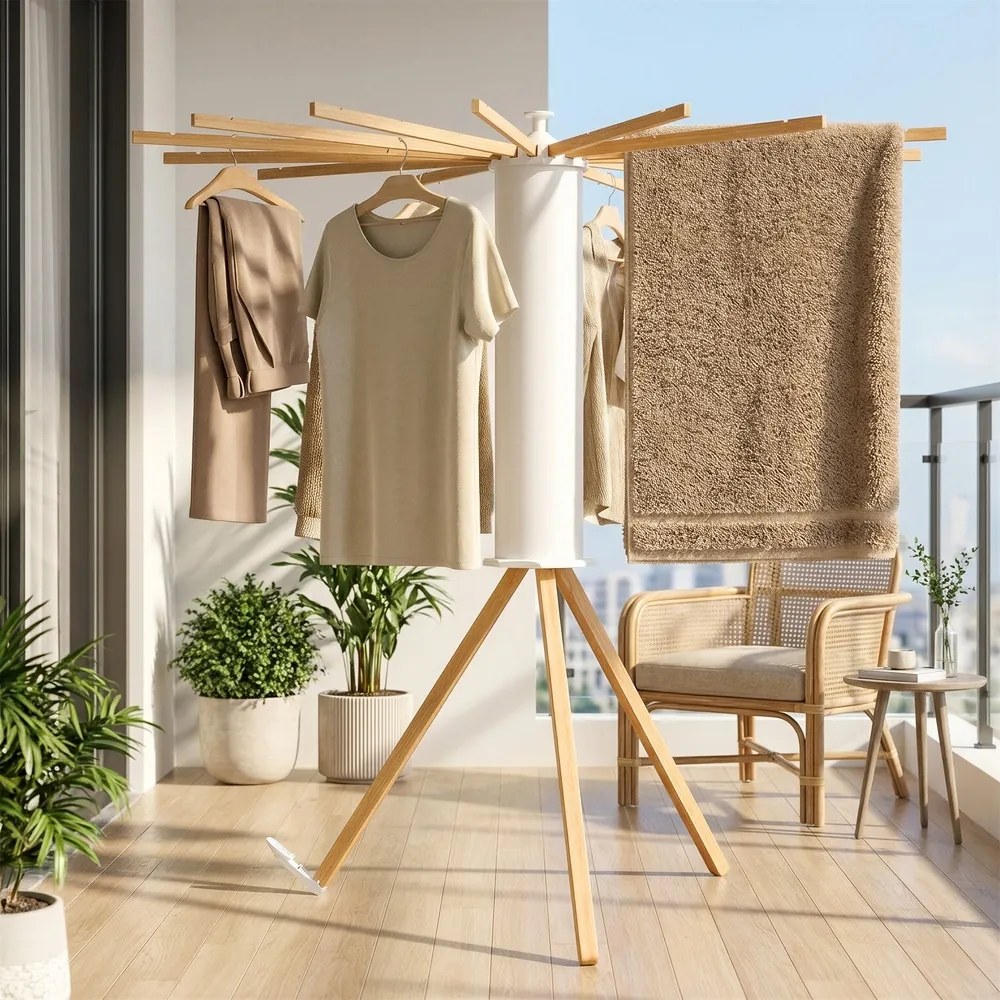 Estendal roupa dobrável, com suporte extensível 112 x 112 x 122 cm, economiza espaço cores naturais